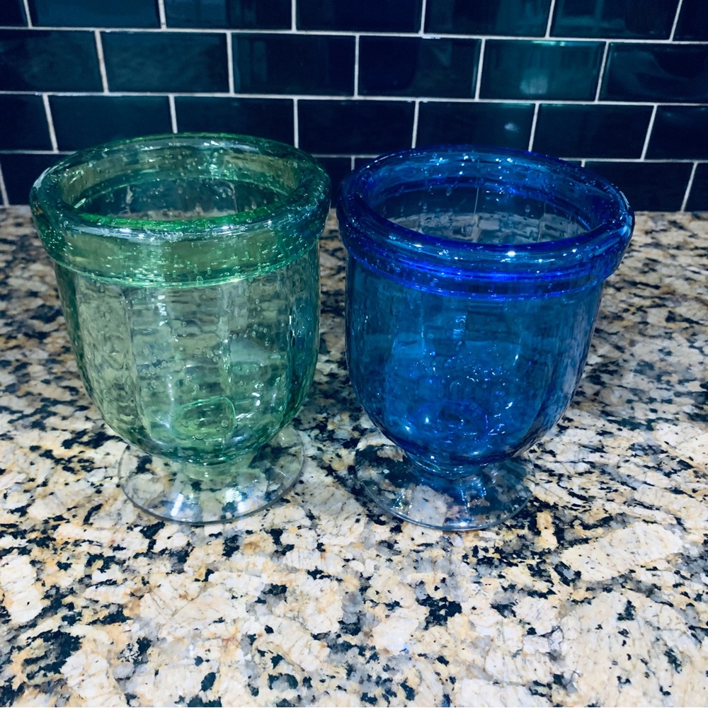 Set of 2 Hand Blown Bubbles Glass Vase Globet Mexico 6”